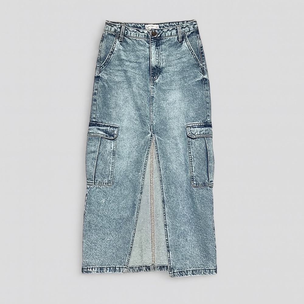 LOVE, FIRE Denim Cargo Maxi Skirt